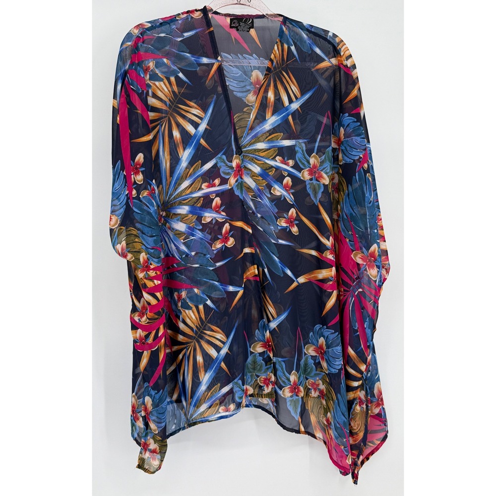 Questions Womens Tropical Floral‎ Mesh Kaftan Top Navy Blue Pink Sz L